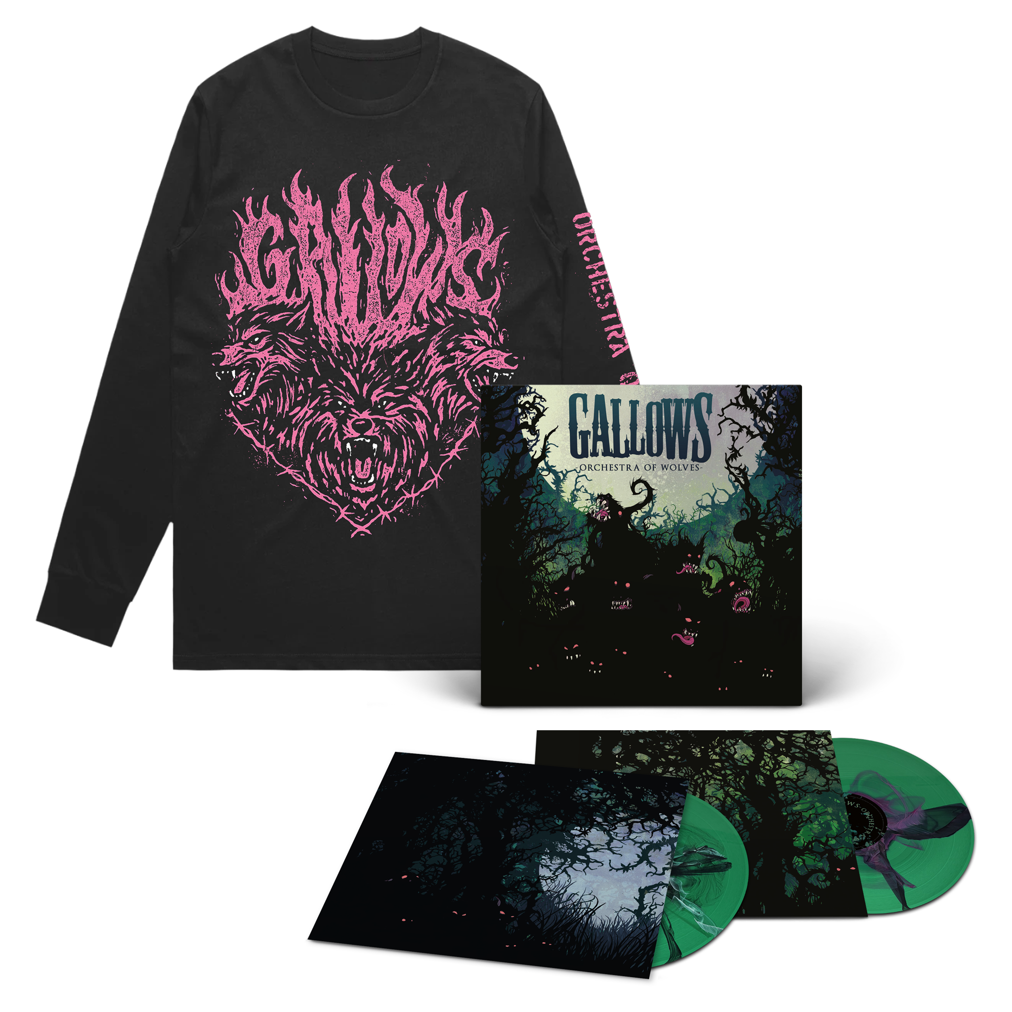 D2C Exclusive: Orchestra of Wolves - 2xLP - Green with Black & Pink Inkplosion + Orchestra Of Wolves by We Three Club