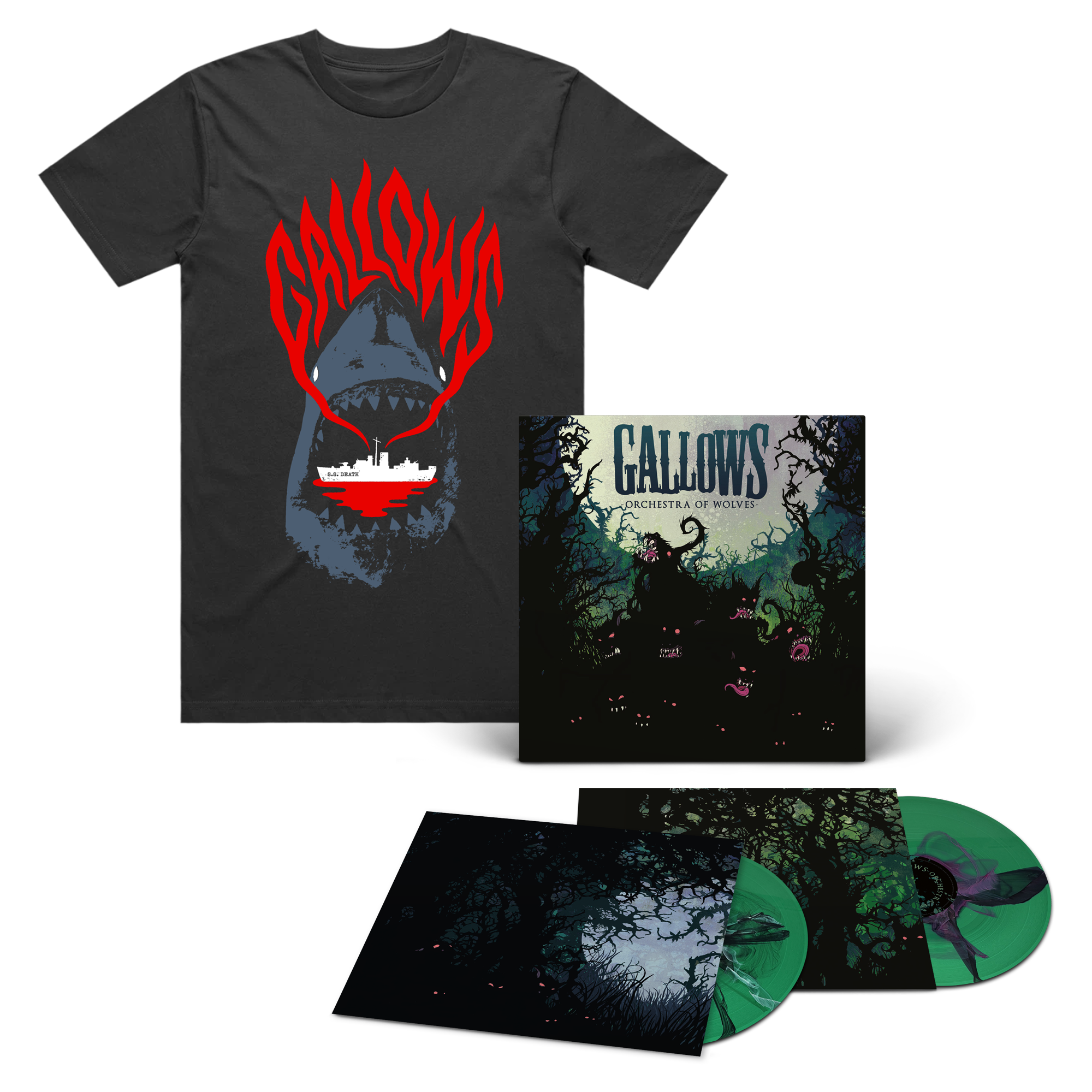 D2C Exclusive: Orchestra of Wolves - 2xLP - Green with Black & Pink Inkplosion + Shark T-Shirt