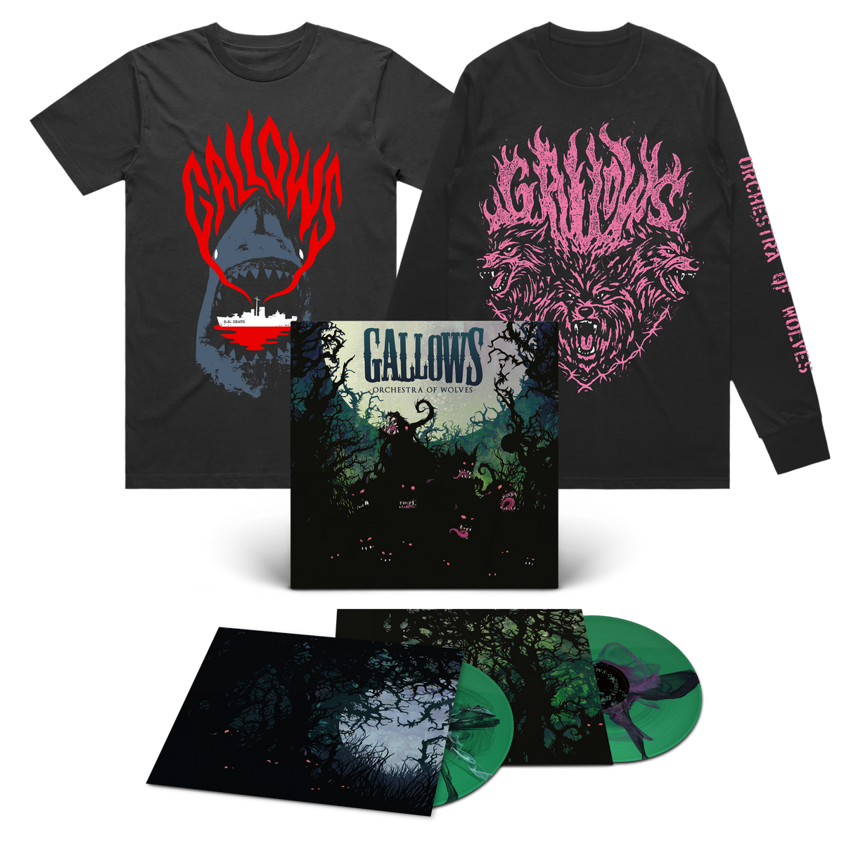 D2C Exclusive: Orchestra of Wolves - 2xLP - Green with Black & Pink Inkplosion + OOW by We Three Club + Shark T-Shirt