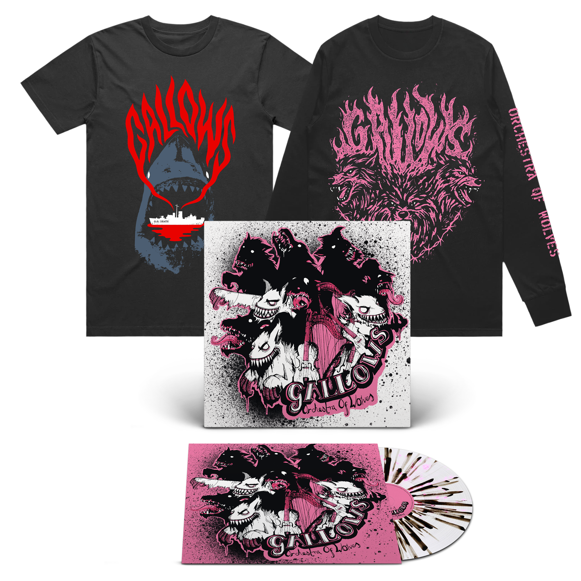 Orchestra Of Wolves - Crystal Clear - Pink + Black Splatter + OOW by We Three Club + Shark T-Shirt